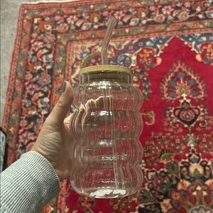 Clear Wavy Glass Tumbler with Straw